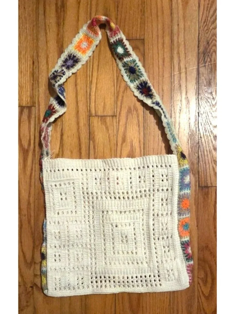 Crochet Shoulder Bag With Colorful Floral Strap Handmade Boho Style